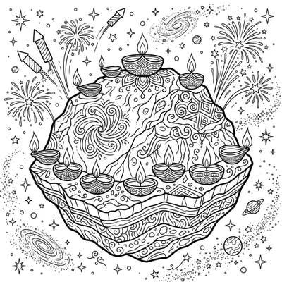 Embark on an extraordinary journey through space with our Vesta Asteroid Diwali coloring page. This unique design merges the wonder of the cosmos with the vibrant traditions of the Festival of Lights.