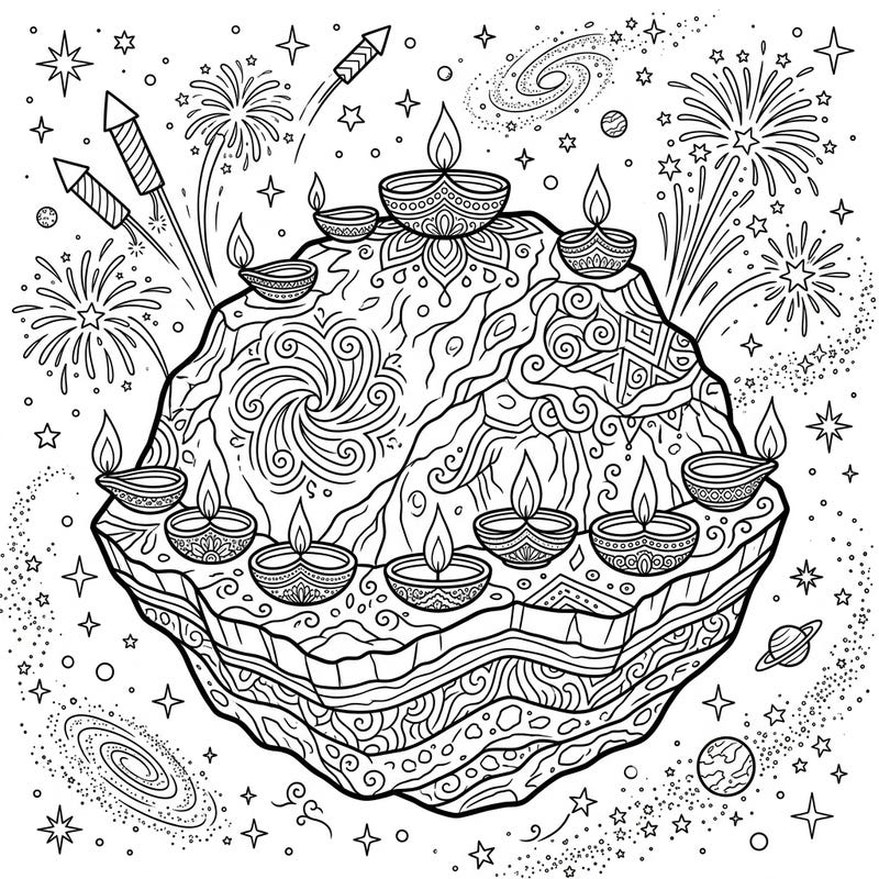 Embark on an extraordinary journey through space with our Vesta Asteroid Diwali coloring page. This unique design merges the wonder of the cosmos with the vibrant traditions of the Festival of Lights.