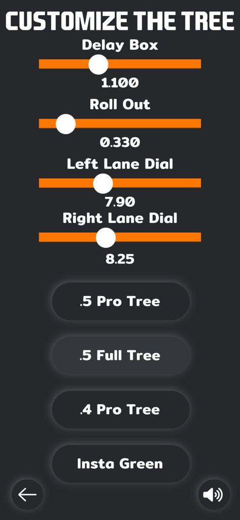 .000 Practice Tree - Settings screen for the drag racing practice tree app showing customization options for delay box and roll out