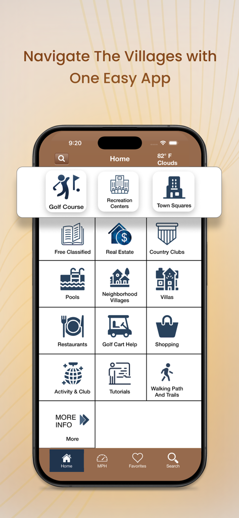 Villages GPS app home screen featuring navigation icons for local community amenities like golf courses and recreation centers