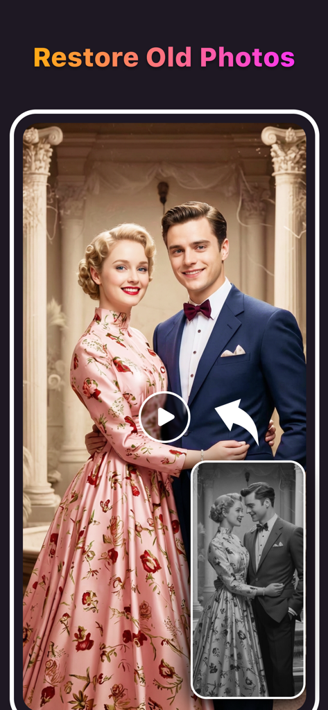 AI Danza-AI Video Editor&Maker - A comparison showing a black and white vintage photo restored to high quality color using AI photo enhancement tools.