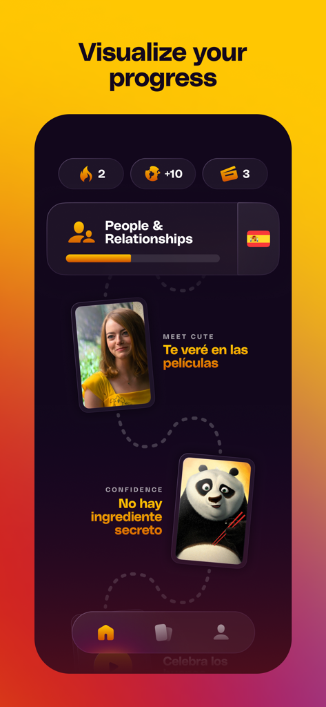 Nonsense: Language Learning - Interface of Nonsense app showing a language learning progress path with movie scene cards.