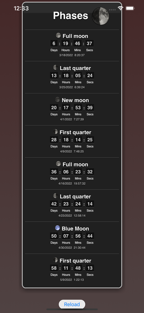 Moon Phases - 正確なカウントダウンタイマー付きの今後の月の満ち欠けのリストを表示するインターフェース