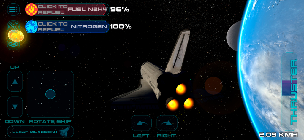 Space Simulator - Navetta spaziale in orbita attorno alla Terra in Space Simulator, mostrando controlli di volo tecnici e texture planetarie realistiche.