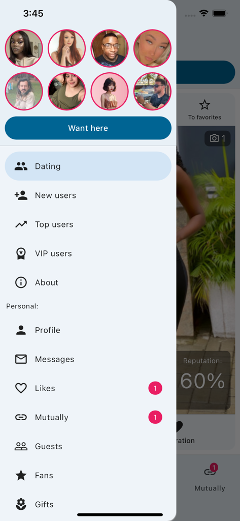 InDating - Dating and Chat - InDating app sidebar menu showing user profile options like messages guests and fans with a featured users carousel