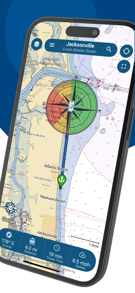 NavShip app displaying nautical charts and live boat navigation stats