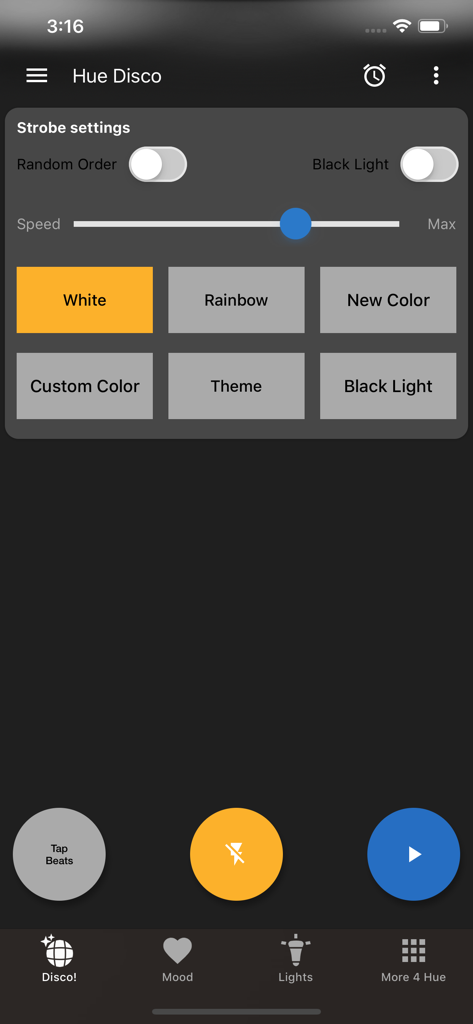 Hue Disco - Screenshot of the Hue Disco app strobe settings page showing speed control and color modes for Philips Hue lighting.