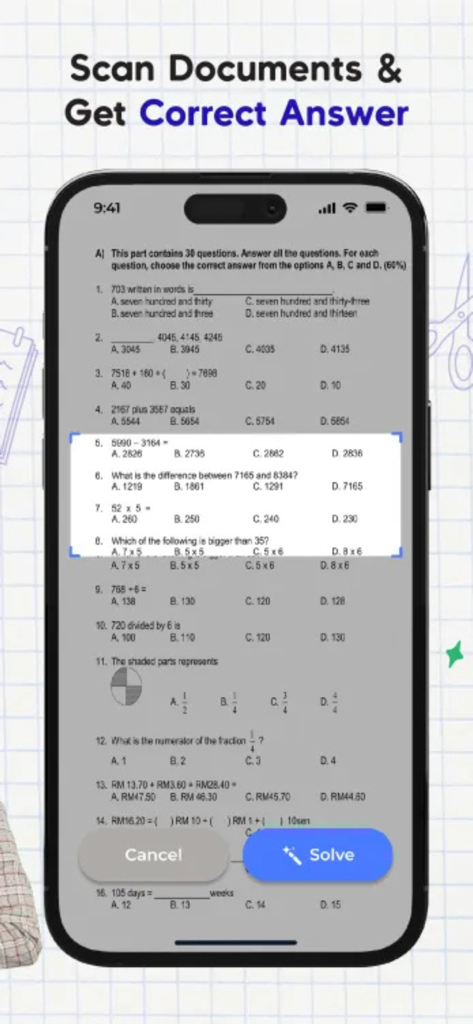 Libbot: AI Homework Helper - Pantalla de smartphone usando la aplicación Libbot para escanear y resolver problemas de tareas de matemáticas