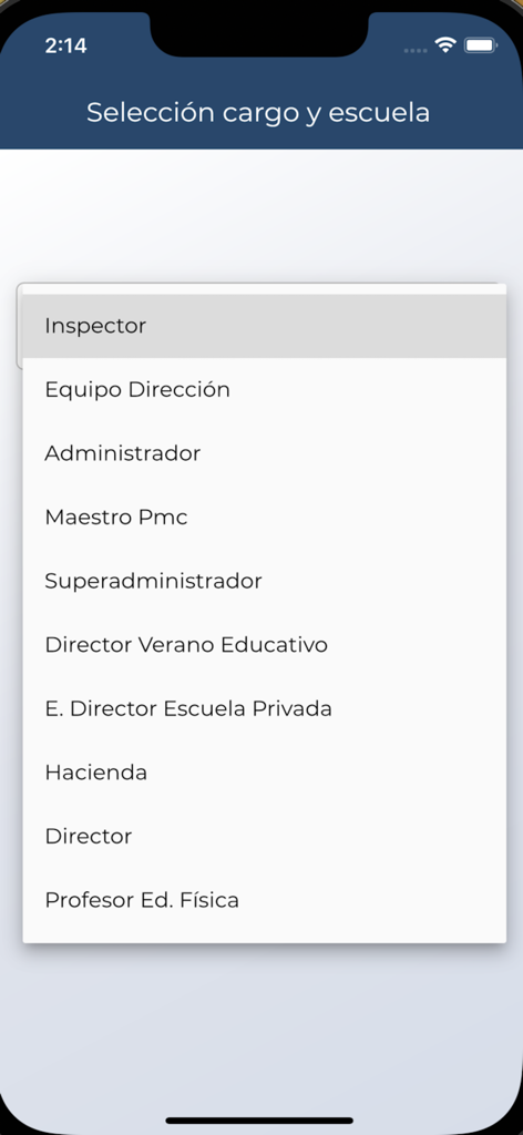 Guri Docentes - Screen in the Guri Docentes app for selecting professional roles and school assignments