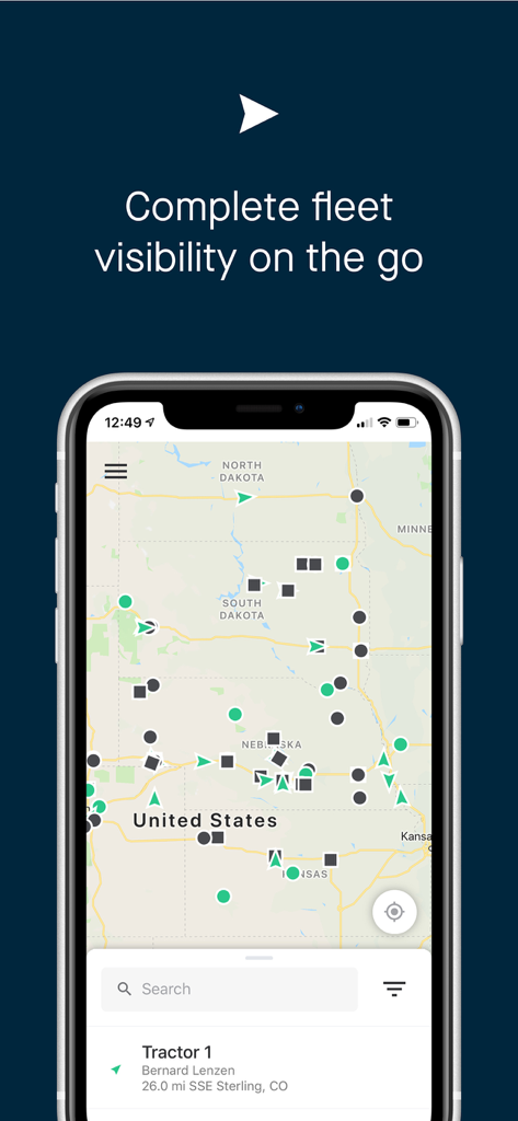 Samsara Fleet mobile app interface showing real-time vehicle locations on a map of the United States