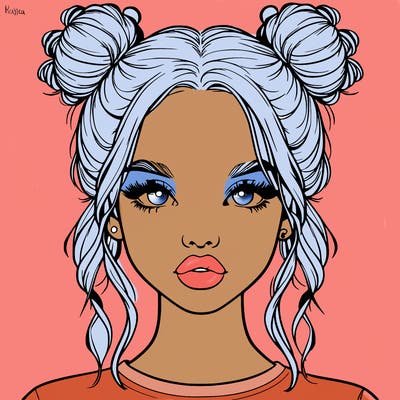 realistic girl with two buns in hair and lips