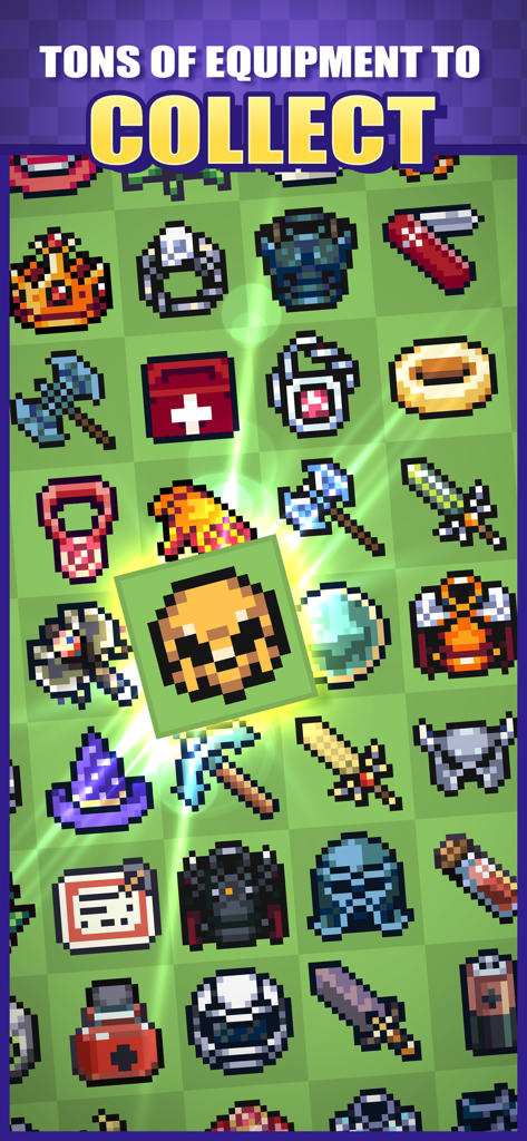 Idle Pocket Crafter 2 - A grid showcasing a variety of retro pixel art equipment and items to collect in the game.