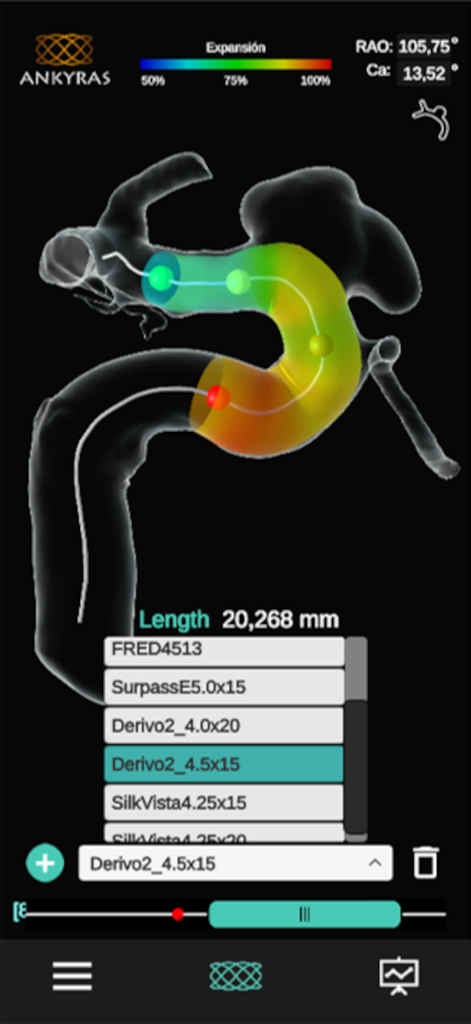 Ankyras - Ankyras app interface showing a 3D vessel morphology visualization with a flow diverter stent simulation and device selection menu
