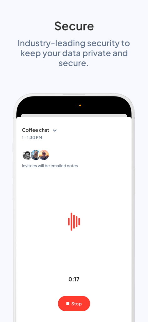 Circleback - AI Meeting Notes - Circleback app interface showing a secure coffee chat meeting recording session on a mobile device.