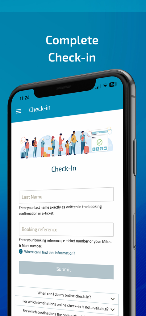 Pantalla de facturación móvil de la aplicación Luxair que muestra los campos de referencia de reserva y apellido para viajeros transatlánticos.