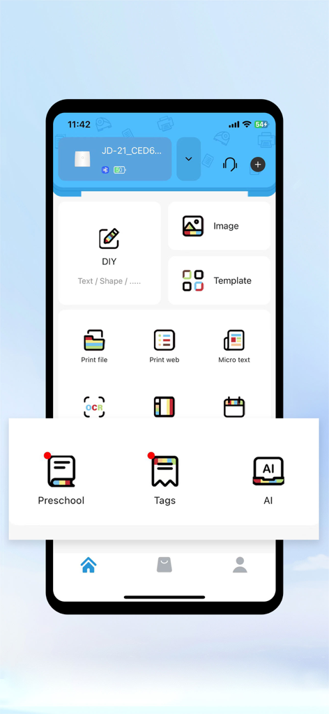 Jadens Printer app dashboard showing label printing options including DIY design, image printing, and templates.