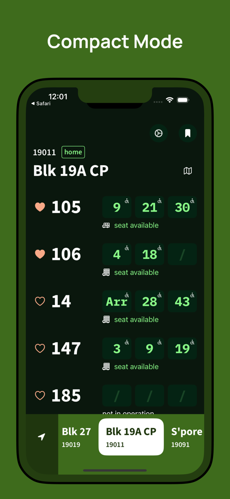 Interfaz del modo compacto de la aplicación Singapore Bus que muestra tiempos de llegada de autobuses y disponibilidad de asientos