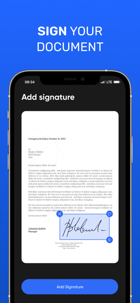Smartphone screen showing the feature to add a digital signature to a scanned document