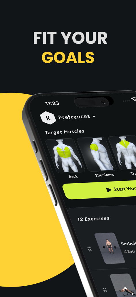FITZZ app interface showing muscle group selection for customized workout goals