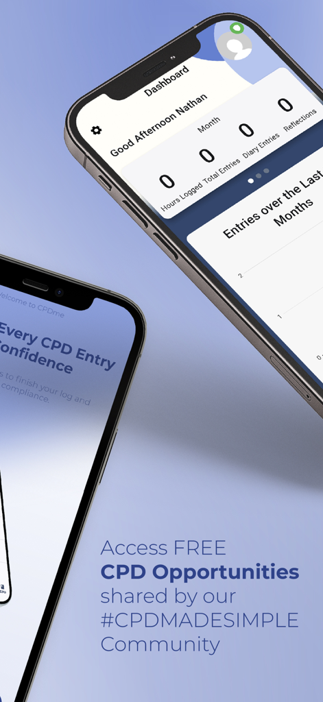 CPD Portfolio - Mobile screens of the CPD Portfolio app showing the user dashboard for tracking professional development hours and entries