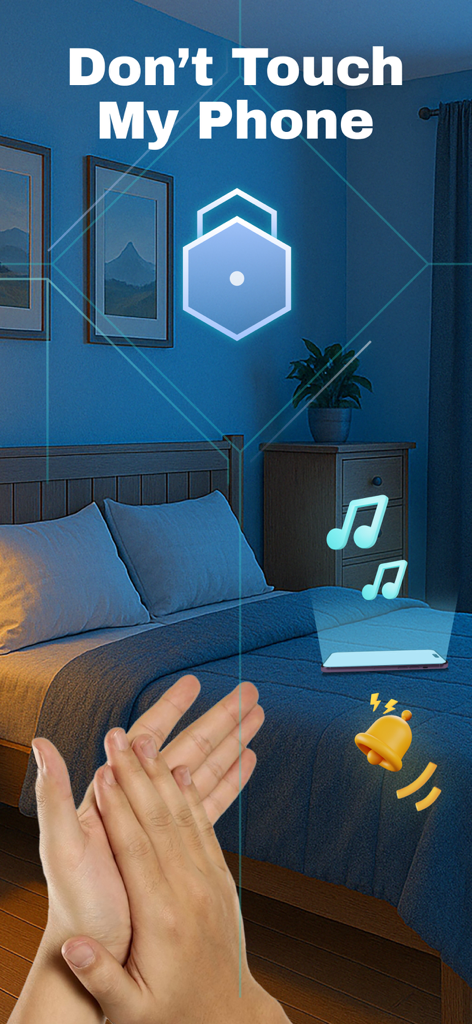 Don't Touch My Phone Guard - Mains qui applaudissent pour déclencher une alarme forte sur un smartphone posé sur un lit dans une chambre