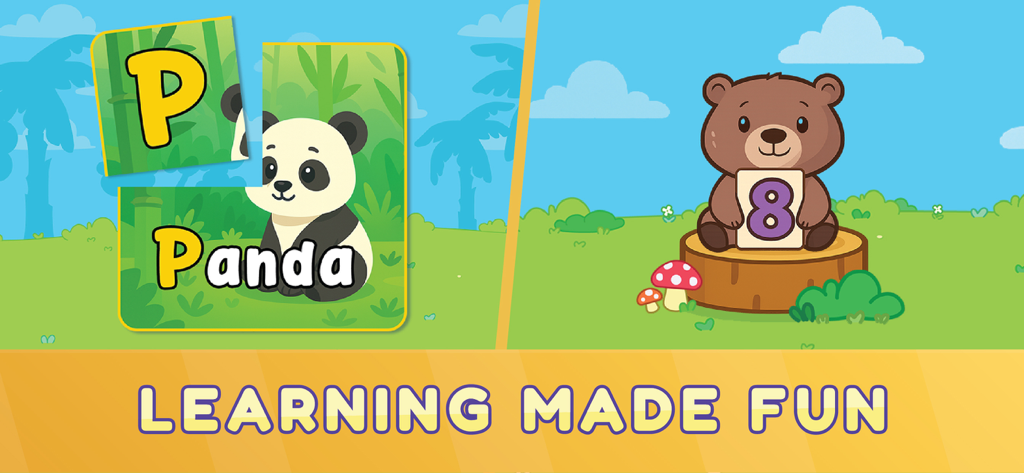 Toddler educational game interface featuring a panda alphabet puzzle and a bear with a number card