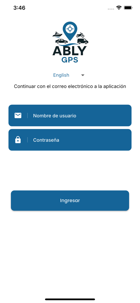 ABLY GPS - Login screen for ABLY GPS app showing username and password fields in Spanish with a vehicle tracking logo.