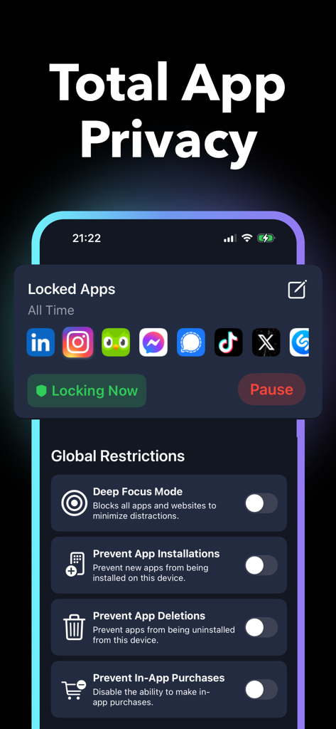AppLocker - Lock Apps - Smartphone screen showing AppLocker interface with privacy settings and global restrictions to prevent app deletions and purchases