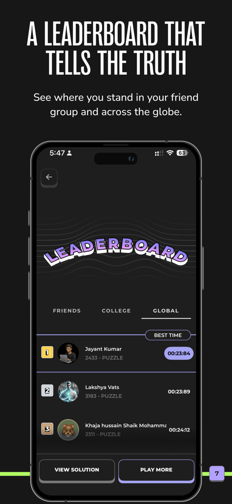 Matiks: Math and Brain Games - Interface du classement mondial dans l'application Matiks montrant les meilleurs classements des joueurs et les meilleurs temps d'achèvement pour les puzzles de maths.