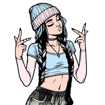 realistic teenage girl with braids and a beanie and crop top doing 🫶🏼