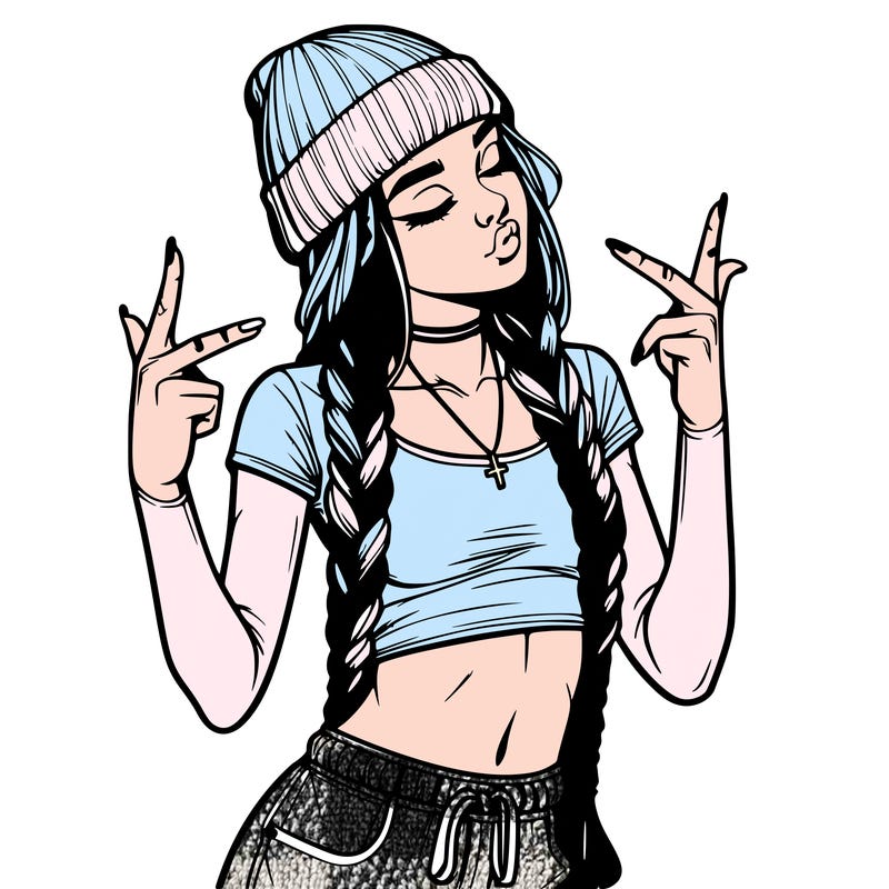 realistic teenage girl with braids and a beanie and crop top doing 🫶🏼