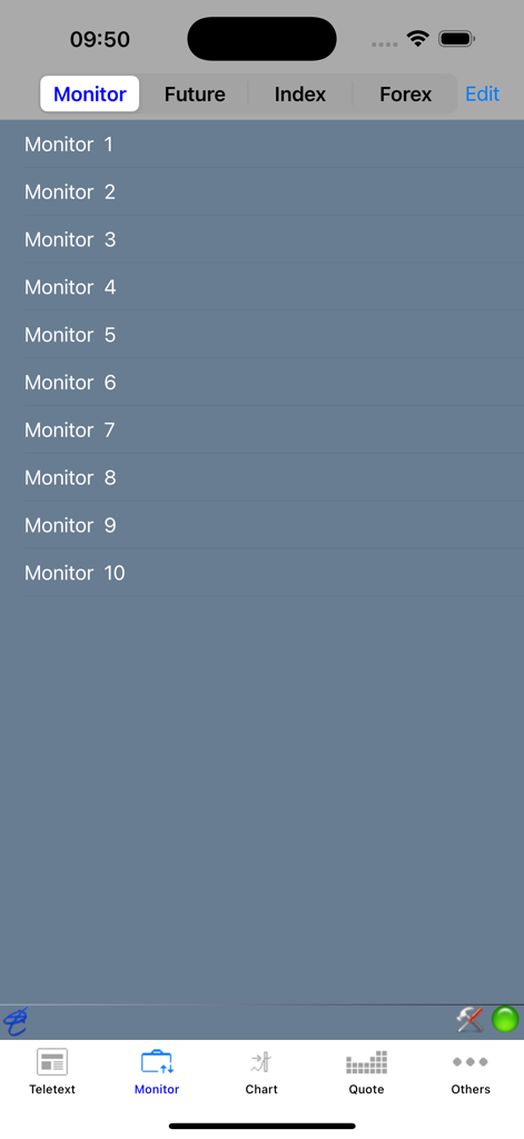 电资讯 - 複数の金融市場の追跡リストを表示するTelequote Dataアプリのモニターインターフェイス