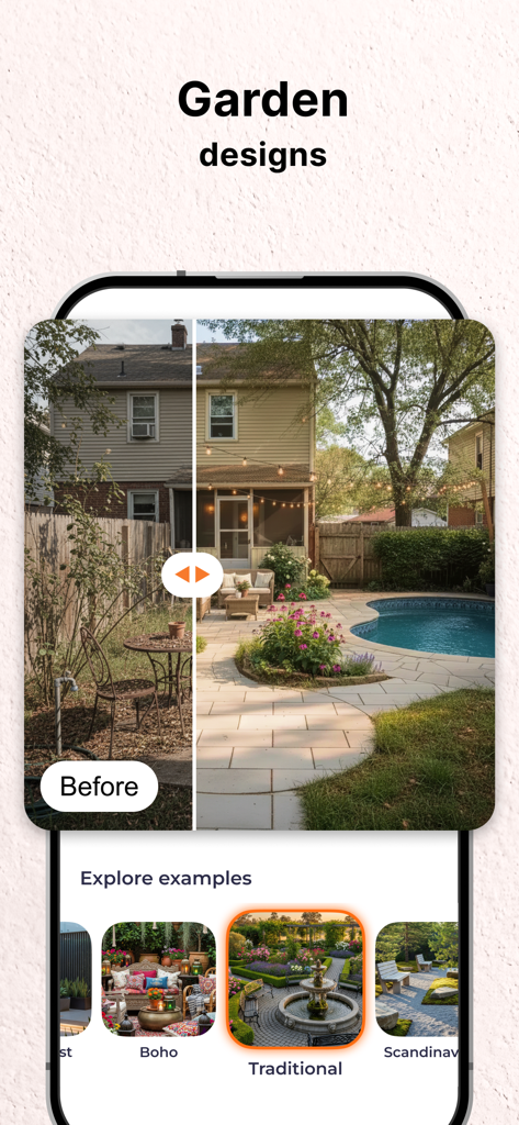Magic App: AI Interior Design - Before and after comparison of a backyard renovation using AI garden design