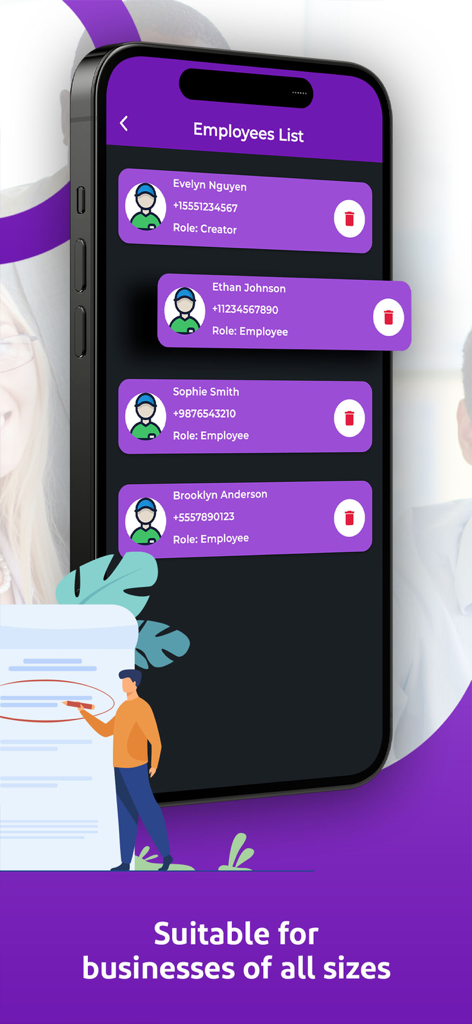 Scheduler: Sling Schedule - A mobile app screen showing a list of employees with names and roles in a purple theme for business scheduling.