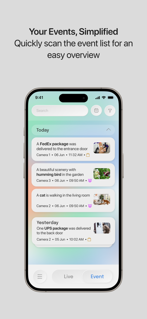 InstaVision: Smart & Safe Home - Pantalla de teléfono inteligente mostrando el historial de eventos de la aplicación InstaVision con notificaciones de entregas de paquetes y actividad de mascotas