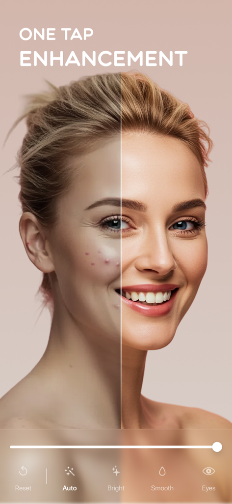 Faceon: Photo Editor & Effects - Before and after split view of a woman portrait using the one tap enhancement feature to smooth skin and brighten features