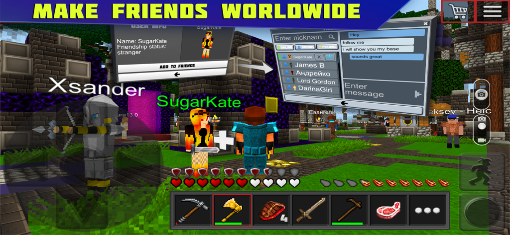 Planet of Cubes Craft and Mine - Jugabilidad multijugador en Planet of Cubes mostrando la interfaz de chat y jugadores interactuando en un mundo de bloques