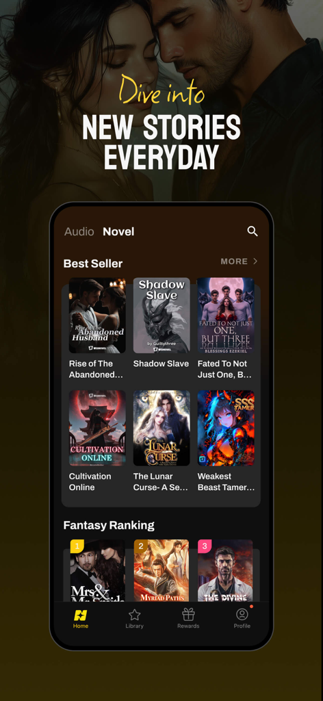 NovaBeats-AudioBooks&Series - NovaBeats app interface showing best seller novels and audiobooks including fantasy and romance genres