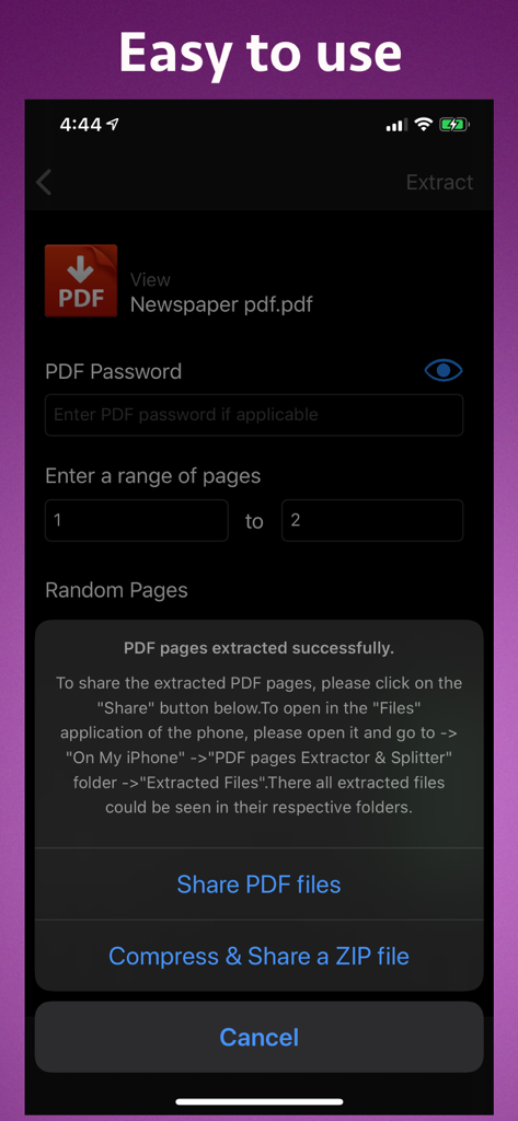 PDF pages Extractor & Splitter - Interfaz que muestra la extracción exitosa de páginas PDF con opciones para compartir archivos o comprimirlos en un archivo ZIP