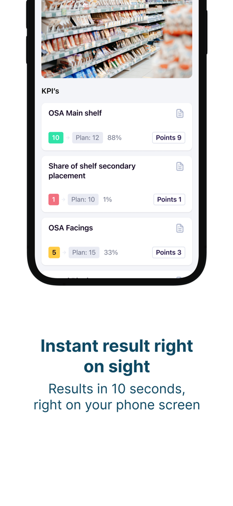 GU Trade app interface showing retail performance KPIs and shelf analysis results on a smartphone