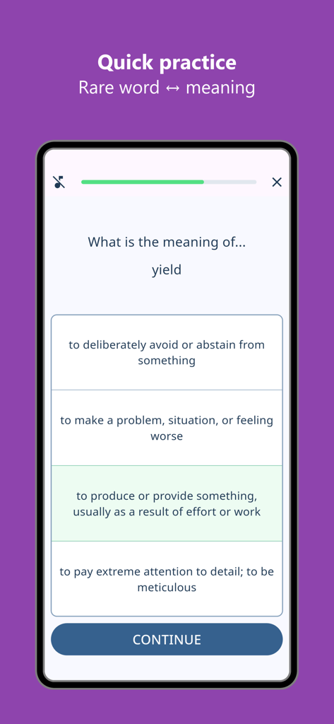 Rare English Words Trainer - A multiple choice quiz screen in the Rare English Words Trainer app for the word yield