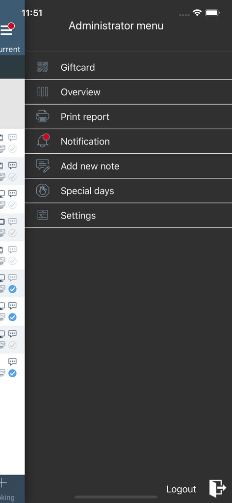 DinnerBooking Business - Administrator menu interface for the DinnerBooking Business restaurant management app