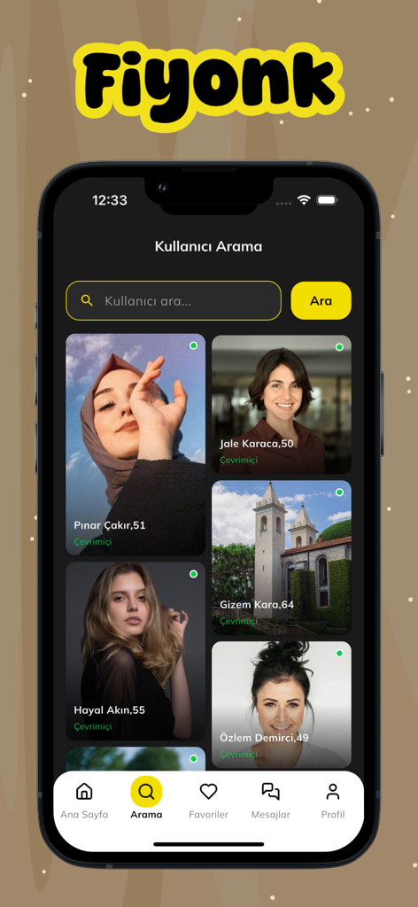 Search and discovery screen of Fiyonk video chat app showing user profile thumbnails with online status indicators