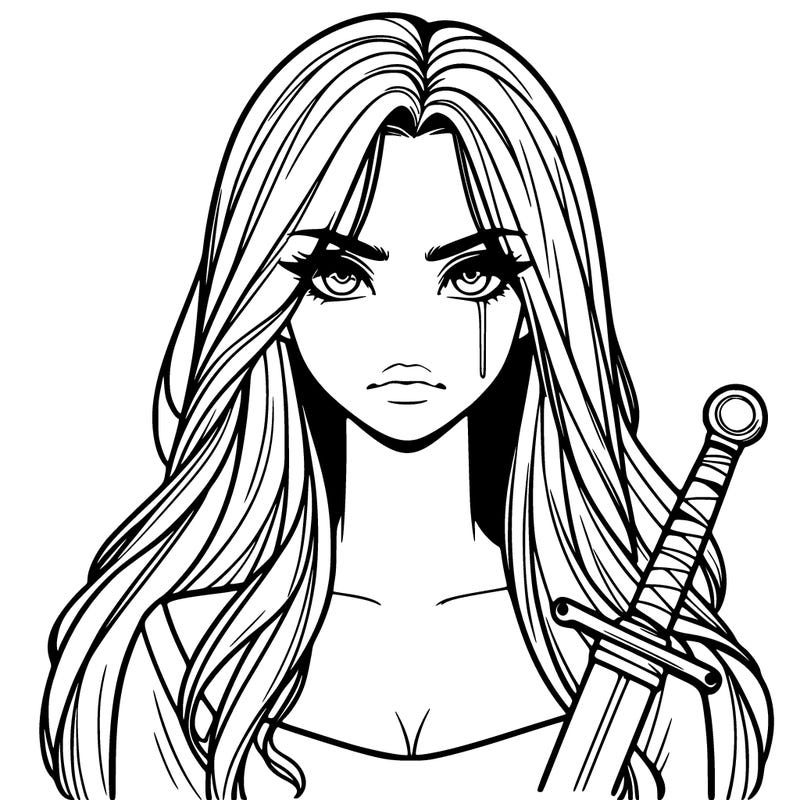 tall serious realistic girl with long hair with a mouth a noes with eyes hold a sword