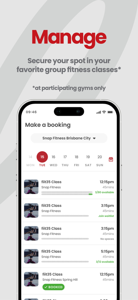 Snap Fitness - Snap Fitness app interface showing a list of group fitness classes available for booking.