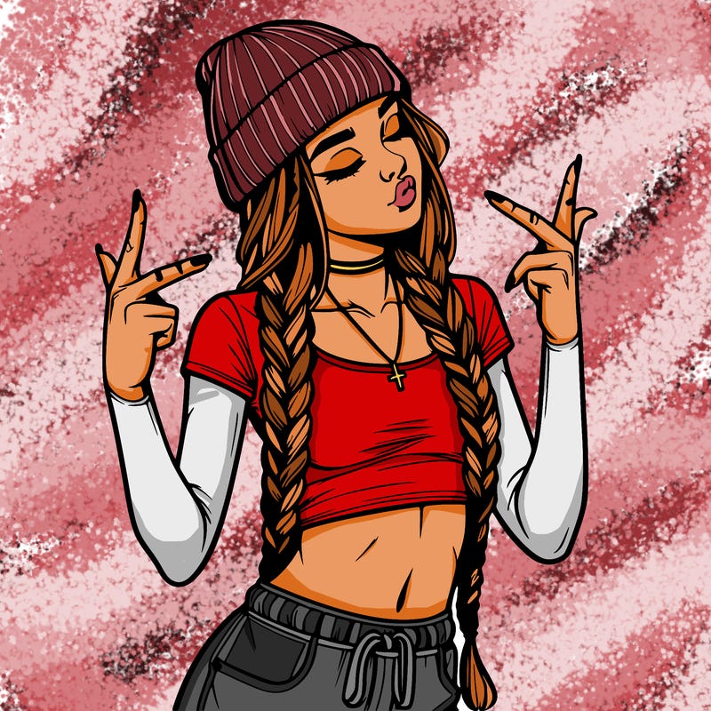 realistic teenage girl with braids and a beanie and crop top doing 🫶🏼