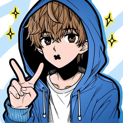 teenage manga boy in a hoodie, doing ✌