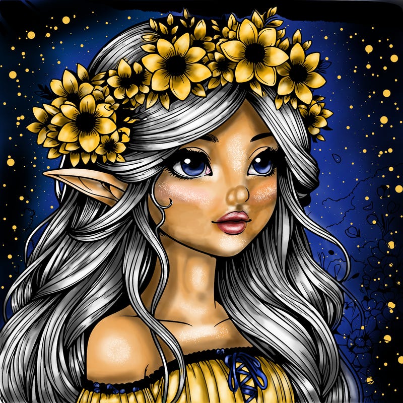 realistic elf girl with flowers in her hair and a beautiful bright background