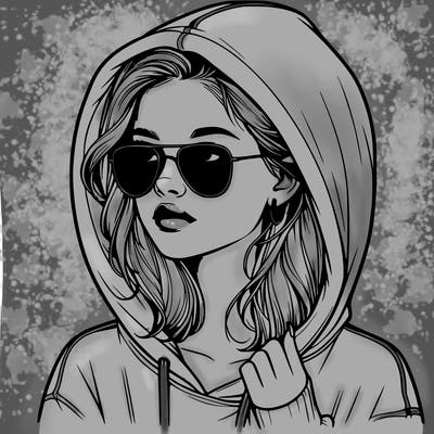realistic teenage girl, wearing a hoodie and sunglasses