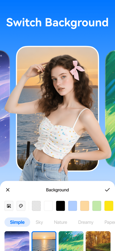 A mobile app interface showing a photo of a young woman with options to switch backgrounds using AI templates